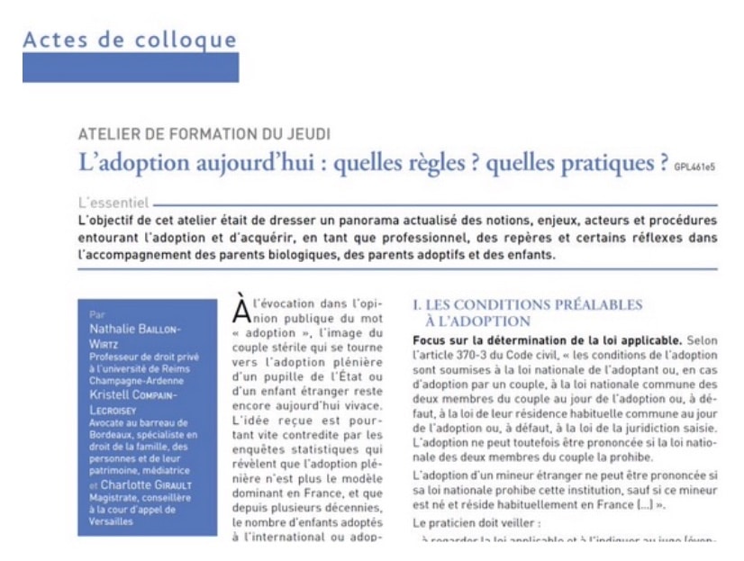 Article publié de Maître COMPAIN-LECROISEY dans le journal juridique la Gazette du Palais : l’adoption aujourd’hui, quelles règles ? quelles pratiques ?